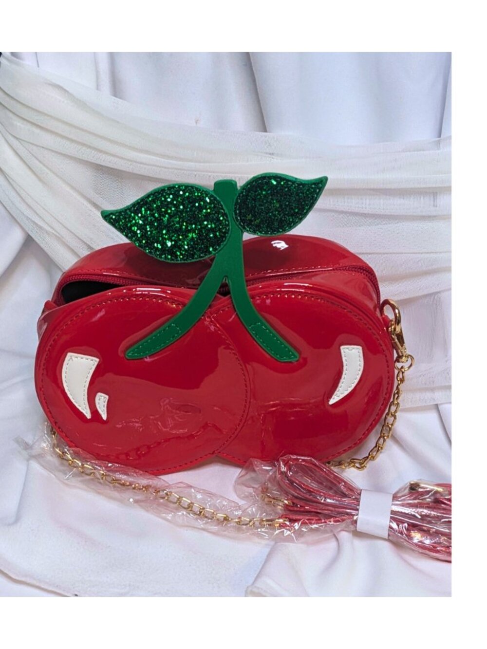 Cherry Crossbody Bag Red Patent Leather Novelty Purse Glitter Stem Chain Strap